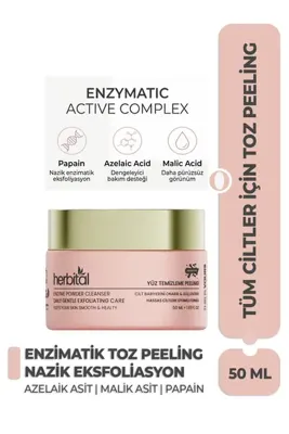 Herbital Enzimatik Toz Peeling – Papain, Postbiyotik & Azelaik Asitli Granülsüz Eksfoliasyon | Pürüssüz Cilt