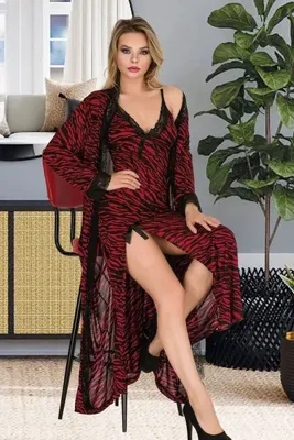 Viselya Siyah Dantelli Kırmızı Leoparlı Gecelik Sabahlık Takım