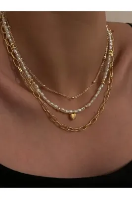 Lavian Accessories İncili Gold Kalp Detay Kombin Kolye