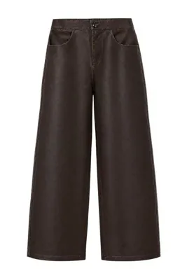 TRENDYOLMİLLA Kahverengi Suni Deri Wideleg/Geniş Paça Pantolon TWOAW27PL00007