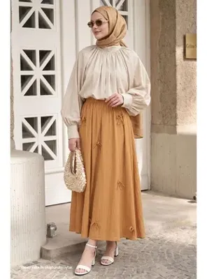 InStyle Fiyonk Detay Beli Lastikli Camel Etek
