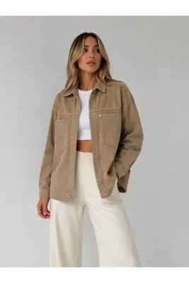 Mivida Kadın Bej Gabardin Kumaş Oversize Gömlek Ceket Cep Detaylı