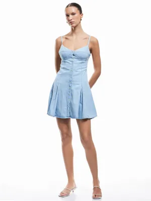 Koton Kalp Yaka İp Askılı Düğmeli Pileli Mini Denim Elbise