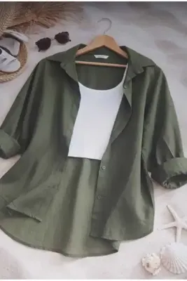 blackbonds Kadın askeri yeşil Keten Gömlek Yazlık Oversize Gömlek Yeni Sezon