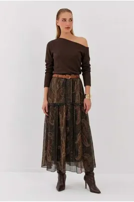 Nish&Chic Şal Desenli Kemerli Şifon Etek