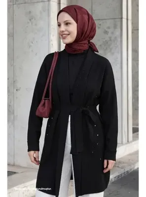 InStyle Yakası Desenli Nakışlı Siyah Triko Ceket