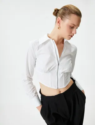 Koton Crop Gömlek Fermuarlı Korse Detaylı Pamuklu