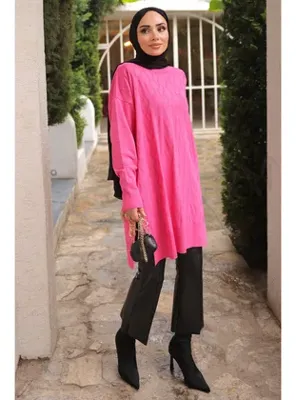 İmaj Butik Fuşya Bisiklet Yaka Soğuk İplik Triko Tunik