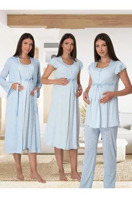 Effortt Dvina Lohusa Hamile Gecelik, Desenli Sabahlık ve Pijama Takımı Seti - 4'lü Takım - Mavi