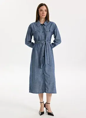 Denim Trip Mavi Kadın Oversize Denim Pantolon Oversize Fit Kuşaklı Chambray Orta