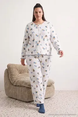 Trendyol Curve Ekru Bisiklet Yaka Relaxed Beli Lastikli Büyük Beden Pijama Takımı TBBAW27AI00070