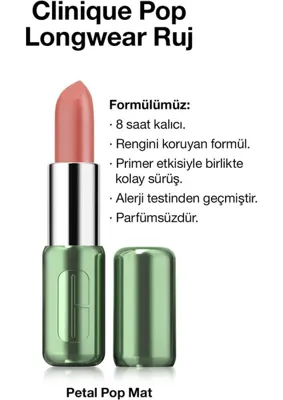 Clinique Pop Longwear™ 3.9g Mat Bitişli Ruj Petal Pop Renk Seçeneği ile 8 Saat Kalıcı Etki