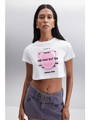 ETHIQUET MORAN Kadın %100 Pamuk BEYAZ-PEMBE T-Shirt