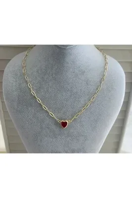 GOSEA Paslanmaz Çelik 14K Gold Kırmızı Mineli Kalp Uçlu Kadın Kolye Kararmaz Suya Dayanıklı Halka Zincir Hediye Takı
