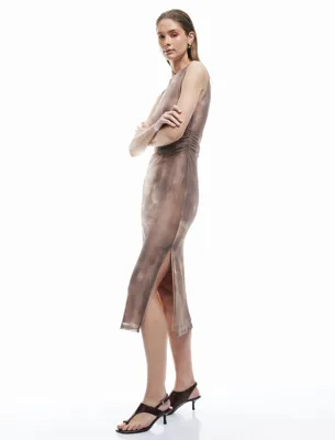 Koton Batik Desenli Drapeli Slim Kolsuz Midi Bodycon Elbise
