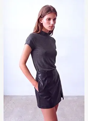 WestMark London Kadın Koyu Gri Melanj Viskon Karışımlı Yarım Balıkçı Yaka Kısa Kollu Duble Kol Detaylı Bluz DONNA