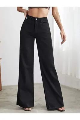 Trn JNS Lovely Siyah Solmaz Süper Yüksek Bel Kadın Salaş Jeans Palazzo Pantolon