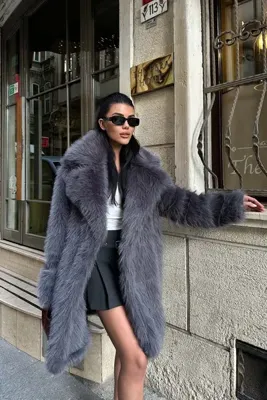XXL BUTİK Kadın Antrasit Kürk Kruvaze Yaka Düğmeli Oversize Mont ESR001
