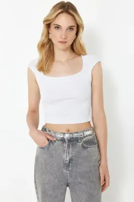 TRENDYOLMİLLA Gri Melanj fitted/vücuda Oturan Fitilli Esnek  Örme Bluz TWOSS24BZ00641