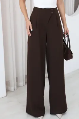 deqfashion Kadın Acı Kahve Asimetrik Kemerli Yüksek Bel Pileli Palazzo Pantolon