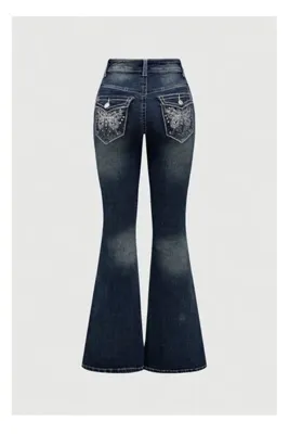 Köstebek Düğmeli Kelebek Arka Cepli İspanyol Paça Denim Pantolon