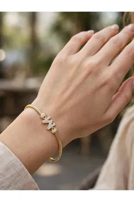 Genel Markalar CM JEWELRY 14 ayar altın kaplama harf kadın çelik bileklik suya dayanıklı kararmaz paslanmaz