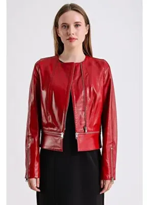 Maroquin Leather Alvira Kadın Kırmızı Deri Ceket