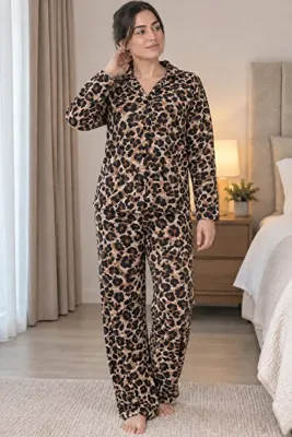 trendlina Pamuklu Düğmeli İkili Milan Pijama Takımı Leopar Desenli