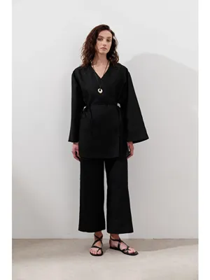 Manuka Keten Kruvaze Kapama Kimono Siyah