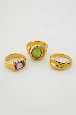 Takıtolia Avenir Gold 3 Adet Yeşil Lila Pastel Renki Taşlı Tasarım Vintage Çoklu Altın Yüzük Seti