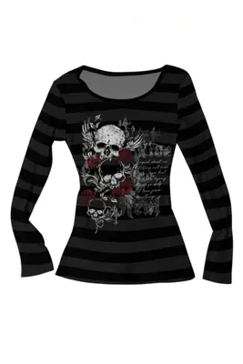 Köstebek Siyah Antrasit Çizgili Skull Red Rose Gothic Uzun Kollu Bluz