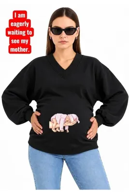 BENROMA PLUS 3 İPLİK PENYE ELDE BEBEK BASKILI HAMİLE V YAKA SWEATSHIRT JW3