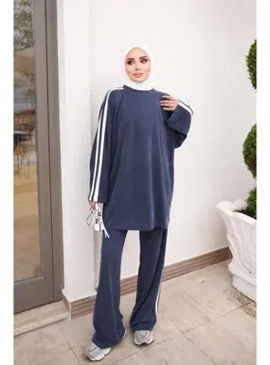 İmajButik Lacivert Kontras Şerit Detaylı Tunik Pantolonlu Takım