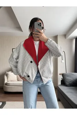 Ekim Store Beyaz Ekoseli Kırmızı Astarlı Bomber Ceket