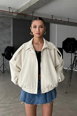 mega lucky Oversize Kadın Bomber Ekru Süet Deri Ceket