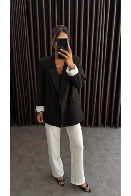 ZF BUTİK Kadın Siyah Blazer Ceket Kolu Katlamalı İç Astarı Çizgili