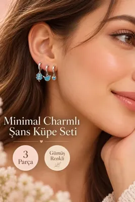 Sacce Scarves&Accessories Minimal Şans Charm 3'lü Halka Küpe Seti – Turkuaz Taşlı Yonca, Kuş ve