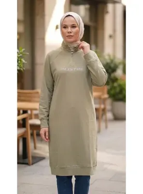 Plistre 2290_Kadın Tesettür Spor Tunik Elbise - Reflektör Baskılı, Dik Yakalı Fermuarlı, Cepli, Yumuşak Doku
