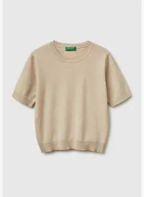 United Colors of Benetton Kadın Taş %100 Pamuk Kısa Kollu Regular Fit Bisiklet Yaka Kazak