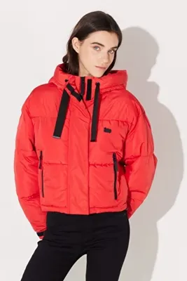 Lee Regular Fit Normal Kesim Kapüşonlu Dik Yaka Kadın Crop Kırmızı Şişme Mont