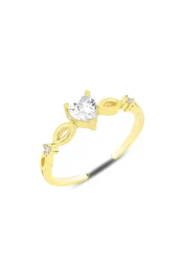 Söğütlü Silver Gümüş Altın Yaldızlı Zirkon Taşlı Tek Taş Kalp Modeli Ayarlamalı Yüzük Sgtl12154gold