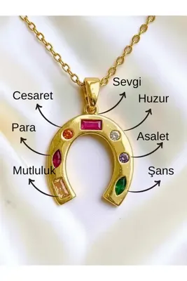 AUREON GOLD Şans At Nalı Kolye – Renkli Taş Detaylı