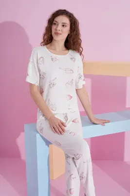 Siyah İnci beyaz kalp desenli likralı Örme Pijama Takım