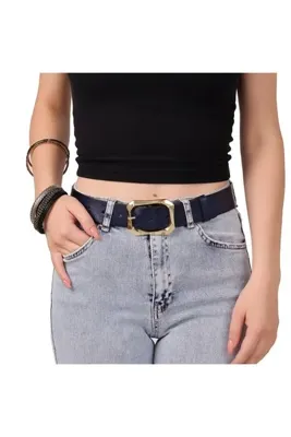 GoDeri Kadın Moda Gold Renk Tokalı, Tek Parça Hakiki Deri Lacivert Kemer, Genişlik 3.8cm=amz-08