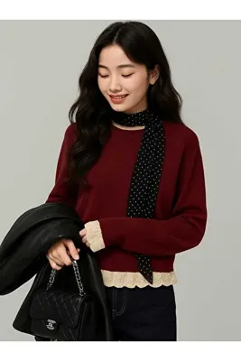 MODASPARK Bordo Bisiklet Yaka Oversize Dantel Detaylı Kadın Triko Kazak