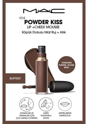 MAC M.A.C Powder Kiss Lip & Cheek Mousse Dudak ve Yanaklar için Hafif Yapılı Buğulu Mat Ruj - Buffiest