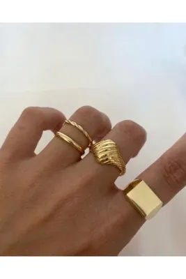 Ervalina Kadın Gold Renk 4'lü Tasarım Yüzük Seti