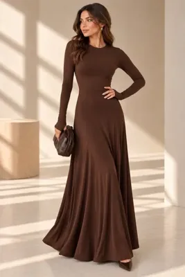 citycenterfashion Kadın Sandy Kumaş Parmak Geçirmeli Uzun Kollu Maxi Elbise cty-çtn-9757