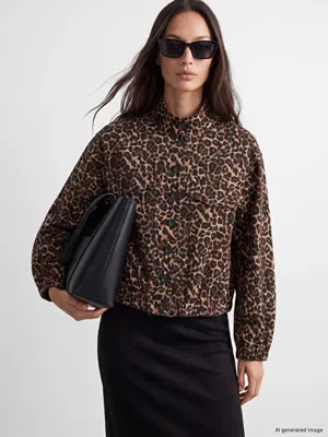 LCWAIKIKI Classic Leopar Desenli Keten Karışımlı Kadın Ceket