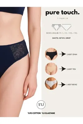 aura pure touch Kadın Dantel Detaylı Pamuklu 5'li Paket Külot / Siyah - Ten - Beyaz